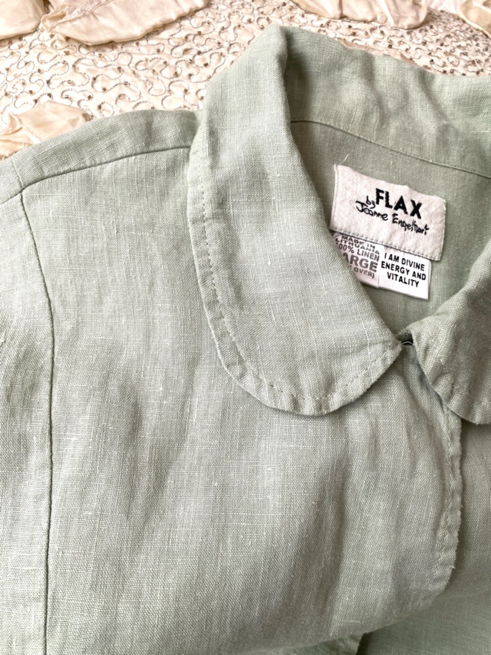 Flax 100% Sage Green Linen Button Front Tunic Shirt Top Long Sleeve Size L - Picture 5 of 16